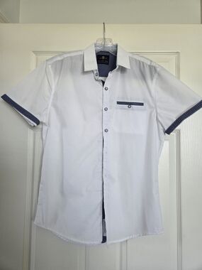 White Short-Sleeve Button-Down Shirt with Navy Trim